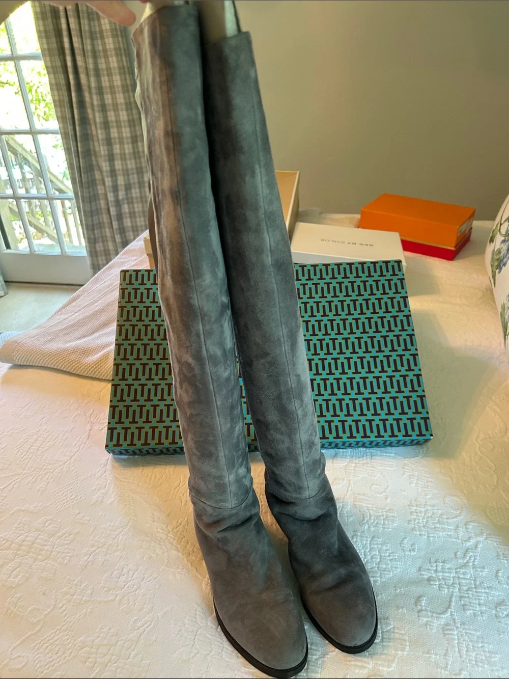 Tory Burch Over-the-Knee Suede Stretch Boots in Gray